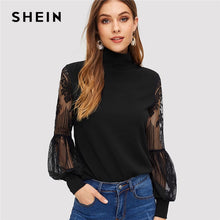 Load image into Gallery viewer, SHEIN Women High Neck Lace Lantern Sleeve Top Fashion Mesh Blouse Women's Long Sleeve Pattern Printing Ladies Tops
