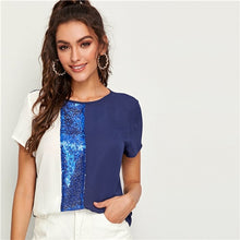 Load image into Gallery viewer, SHEIN Sequins Contrast Panel Spliced Cut-And-Sew Top Womens Tops and Blouses 2019 Casual Colorblock Short Sleeve Summer Blouses