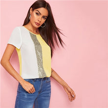 Load image into Gallery viewer, SHEIN Sequins Contrast Panel Spliced Cut-And-Sew Top Womens Tops and Blouses 2019 Casual Colorblock Short Sleeve Summer Blouses