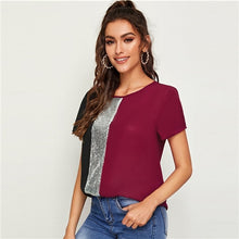 Load image into Gallery viewer, SHEIN Sequins Contrast Panel Spliced Cut-And-Sew Top Womens Tops and Blouses 2019 Casual Colorblock Short Sleeve Summer Blouses