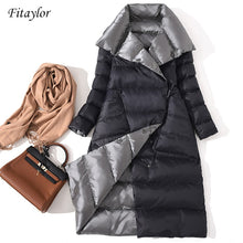 Load image into Gallery viewer, Fitaylor  Women Double Sided Down Long Jacket Winter Turtleneck White Duck Down Coat Double Breasted Warm Parkas Snow Outwear