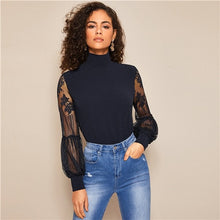 Load image into Gallery viewer, SHEIN Women High Neck Lace Lantern Sleeve Top Fashion Mesh Blouse Women's Long Sleeve Pattern Printing Ladies Tops