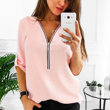 Load image into Gallery viewer, Zipper Short Sleeve Women Shirts Sexy V Neck Solid Womens Tops And Blouses Casual Tee Shirts Tops Female Clothes Plus Size 5XL