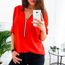 Load image into Gallery viewer, Zipper Short Sleeve Women Shirts Sexy V Neck Solid Womens Tops And Blouses Casual Tee Shirts Tops Female Clothes Plus Size 5XL