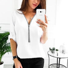 Load image into Gallery viewer, Zipper Short Sleeve Women Shirts Sexy V Neck Solid Womens Tops And Blouses Casual Tee Shirts Tops Female Clothes Plus Size 5XL