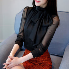 Load image into Gallery viewer, Autmun long sleeve shirt women fashion womens tops and blouses 2018 solid bow stand collar office blouses women blusas plus size