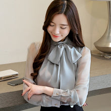 Load image into Gallery viewer, Autmun long sleeve shirt women fashion womens tops and blouses 2018 solid bow stand collar office blouses women blusas plus size