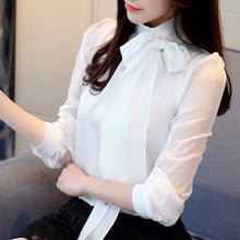 Load image into Gallery viewer, Autmun long sleeve shirt women fashion womens tops and blouses 2018 solid bow stand collar office blouses women blusas plus size