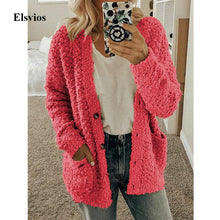 Load image into Gallery viewer, Elsvios 5XL Autumn Long Sleeve Pocket Jacket Casual Women Fleece Fur Button Coat Solid Winter Warm Plus Size Outwear Tops Mujer