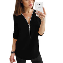 Load image into Gallery viewer, Zipper Short Sleeve Women Shirts Sexy V Neck Solid Womens Tops And Blouses Casual Tee Shirts Tops Female Clothes Plus Size 5XL