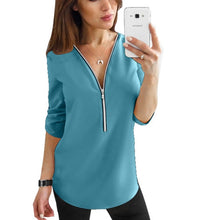 Load image into Gallery viewer, Zipper Short Sleeve Women Shirts Sexy V Neck Solid Womens Tops And Blouses Casual Tee Shirts Tops Female Clothes Plus Size 5XL