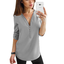 Load image into Gallery viewer, Zipper Short Sleeve Women Shirts Sexy V Neck Solid Womens Tops And Blouses Casual Tee Shirts Tops Female Clothes Plus Size 5XL