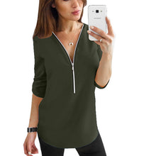 Load image into Gallery viewer, Zipper Short Sleeve Women Shirts Sexy V Neck Solid Womens Tops And Blouses Casual Tee Shirts Tops Female Clothes Plus Size 5XL