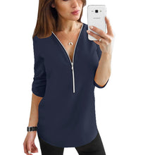 Load image into Gallery viewer, Zipper Short Sleeve Women Shirts Sexy V Neck Solid Womens Tops And Blouses Casual Tee Shirts Tops Female Clothes Plus Size 5XL