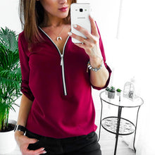 Load image into Gallery viewer, Zipper Short Sleeve Women Shirts Sexy V Neck Solid Womens Tops And Blouses Casual Tee Shirts Tops Female Clothes Plus Size 5XL