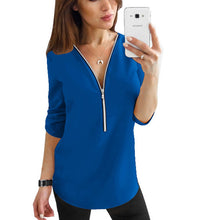 Load image into Gallery viewer, Zipper Short Sleeve Women Shirts Sexy V Neck Solid Womens Tops And Blouses Casual Tee Shirts Tops Female Clothes Plus Size 5XL