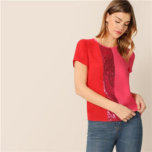 Load image into Gallery viewer, SHEIN Sequins Contrast Panel Spliced Cut-And-Sew Top Womens Tops and Blouses 2019 Casual Colorblock Short Sleeve Summer Blouses
