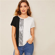 Load image into Gallery viewer, SHEIN Sequins Contrast Panel Spliced Cut-And-Sew Top Womens Tops and Blouses 2019 Casual Colorblock Short Sleeve Summer Blouses